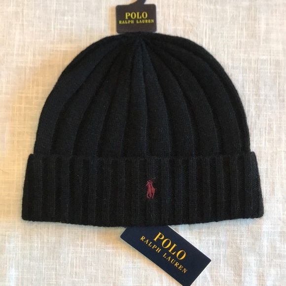 Brand New Polo Ralph Lauren Black Knit Wool Hat Maroon Embroidered Pony Beanie - Picture 1 of 7